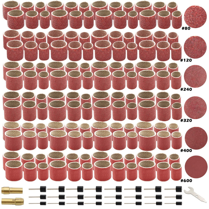 [Australia - AusPower] - Sunxeke 531Pcs Rotary Tool Sanding Drum Bits Kit for Dremel,80/120/240/320/400/600 Grit Each of 28 Pcs, Drum Mandrels 24Pcs-3 diameters (1/2", 3/8", 1/4"),Self-Tightening Drill Chuck 2Pcs,Wrench 1Pcs 