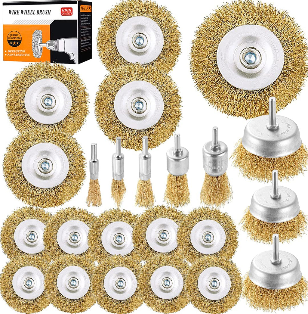 [Australia - AusPower] - Wire Wheel Brush Cup Brushes Set,23 Pack Steel Wire Brush Kit for Drill 1/4-Inch Shank 0.012-Inch Brass Coated Carbon Crimped for for Polishing,Deburring,Degreasing,Rust and Corrosion Removal 