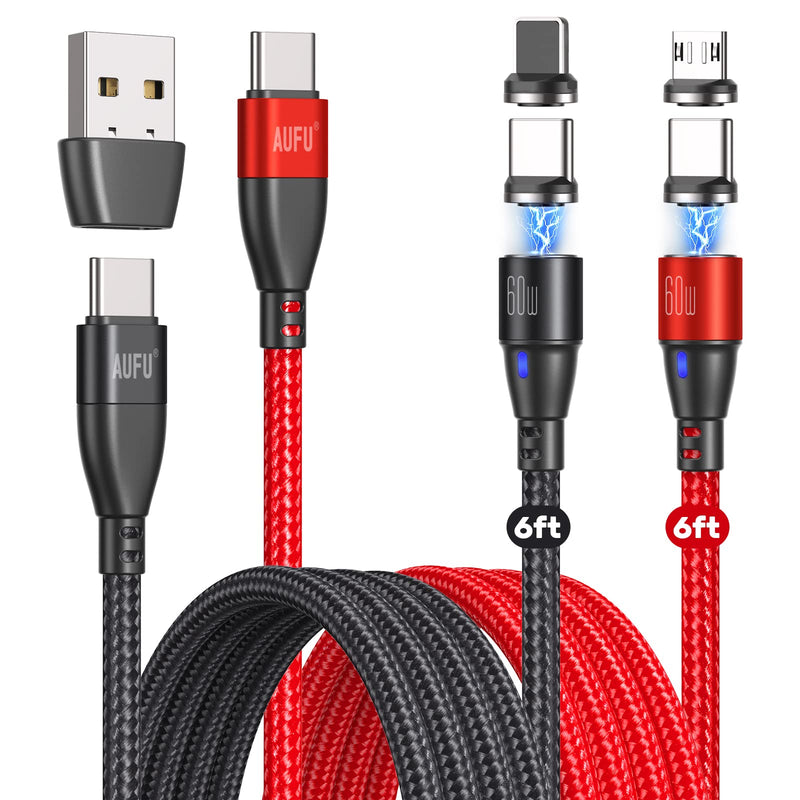 [Australia - AusPower] - 6 in 1 USB A & Type C to C PD Fast Charging Magnetic Charging Cable 6ft, AUFU 60W USB C to USB C Magnetic Fast Charger Cable Data Sync Magnetic Phone Charger Cable for Tablet Laptop Type C Micro USB 