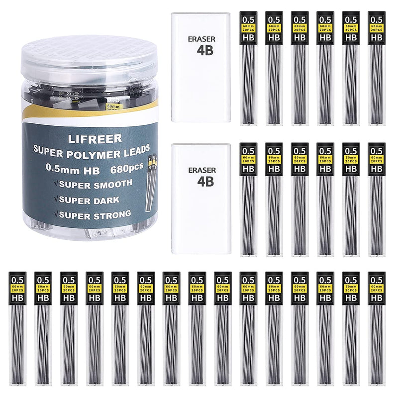 [Australia - AusPower] - 0.5 mm Lead Refills, Lifreer 680 Pieces Smooth Break Resistant HB Lead Refills For Mechanical Pencils 0.7 (34 Tubes, 20 Leads Per Tube) 0.5 mm lead refills 
