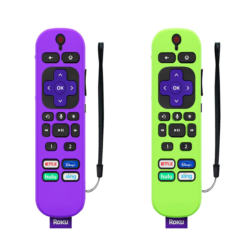 [Australia - AusPower] - Remote Cover Replacement for Roku Voice Remote Pro with Headphone Jack, Silicone Case with Lanyard 2-Pack (Glow Green + Purple) Glow Green+Purple 