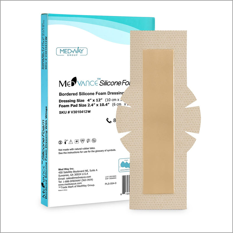 [Australia - AusPower] - MedVanceTM Silicone - Bordered Silicone Adhesive Foam Dressing, Post Elbow, Shoulder Knee Surgery, (4"x12" w/Wings) 4"x12" w/ Wings 