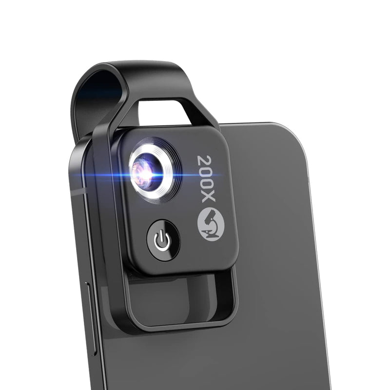 [Australia - AusPower] - 200X Phone Mini Pocket Microscope with LED Light/Universal Clip, Portable Digital Microscope Camera Attachments for 99% Smartphone, Microworld for Kids Adults (200X with CPL, Black) 200X with CPL 