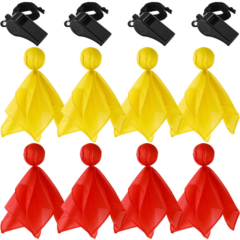 [Australia - AusPower] - Skylety Football Penalty Flag Set 8 Pieces Red Yellow Tossing Soccer Flags for Party Accessory and 4 Pieces Plastic Sports Black Whistles with Lanyard Loud Clear Coach Referee Whistle 