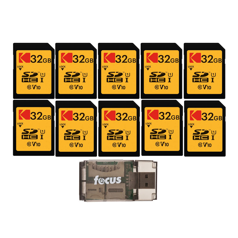 [Australia - AusPower] - KODAK 32GB Class 10 UHS-I U1 SDHC Memory Card (10-Pack) with Focus All-in-One High-Speed USB 2.0 Card Reader Bundle (11 Items) 