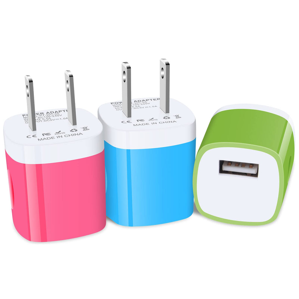 [Australia - AusPower] - USB Charger Plug, USB 5V 1A Power Adapter Charging Brick 3 Pack USB Box Wall Charger Compatible for Samsung Galaxy A03 A02s M01s M01 Core A01 Core LG Q31 K31 K30 K20 K40S W30 Moto E6i E7 Plus E (2020) Pink Blue Green 