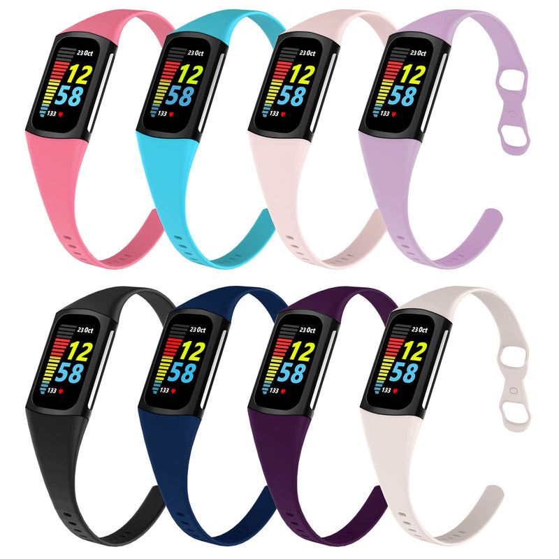 [Australia - AusPower] - Surundo 8 Pack Thin Slim Bands Compatible with Fitbit Charge 5 Bands Women Men, Soft Silicone Replacement Wristband Strap Sport Slim Band for Fitbit Charge 5 Advanced Fitness/Health Tracker 8-color-2 