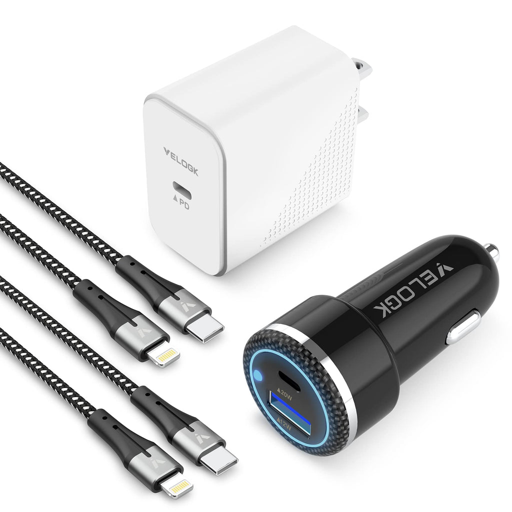 [Australia - AusPower] - iPhone 13 12 Fast Charger Kit, VELOGK 20W USB C PD Wall/Car Charger Adapter for iPhone 13/12/Pro/Max/Mini/11/Xs Max/XR/X, iPad Pro/Air/Mini, with 2X【Apple MFi Certified】iPhone Lightning Cables(6.6ft) 6.6ft 
