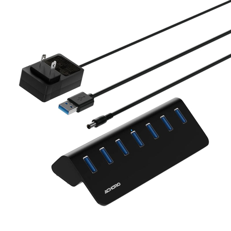 [Australia - AusPower] - Achoro 7 Ports Powered USB HUB – 2nd Generation 10GB Super Speed External USB Port – USB 3.2 Aluminium USB Hub for Computer, Mac, PCs, Smartphone & Tablets – Computer Multiple USB Hub (Powered Black) POWERED BLACK 