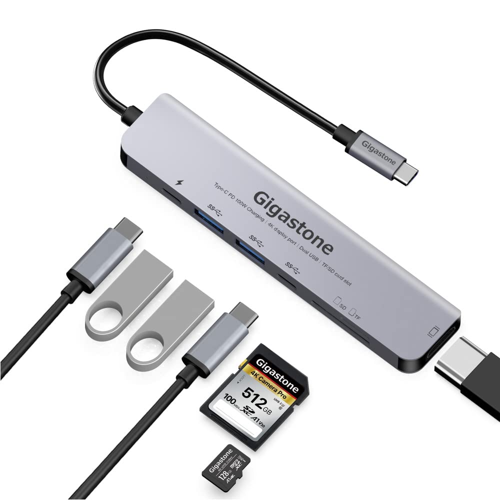 [Australia - AusPower] - 【USB C Hub】【100W Power Delivery】 Gigastone Multiport Adapter 7-in-1 with 100W Charging, 4K HDMI, USB-C & 2 USB-A 5Gbps, SD & microSD Reader, for MacBook Air, MacBook Pro, Chromebook, Zenbook, Surface 