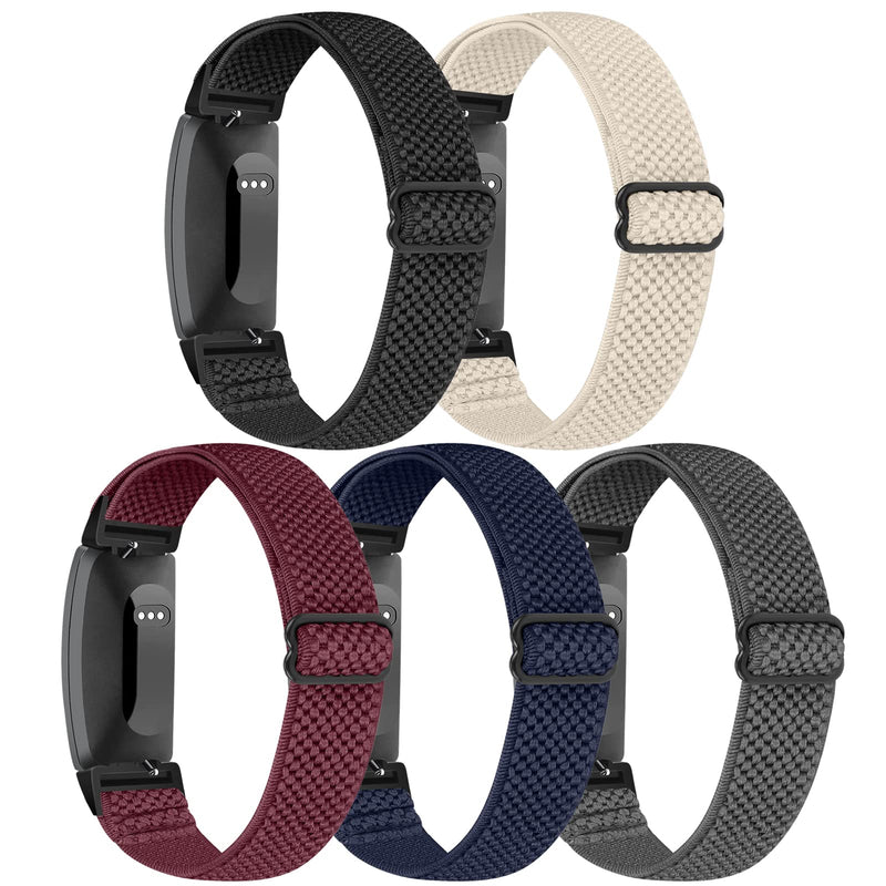[Australia - AusPower] - Enkic Elastic Watch Band Compatible with Fitbit Inspire 2/ Inspire/Inspire HR,Woven Soft Nylon Sport Breathable Wristband Replacement Straps For Women Men-5Pack Black+Beige+Burgundy+Indigo+Gray 