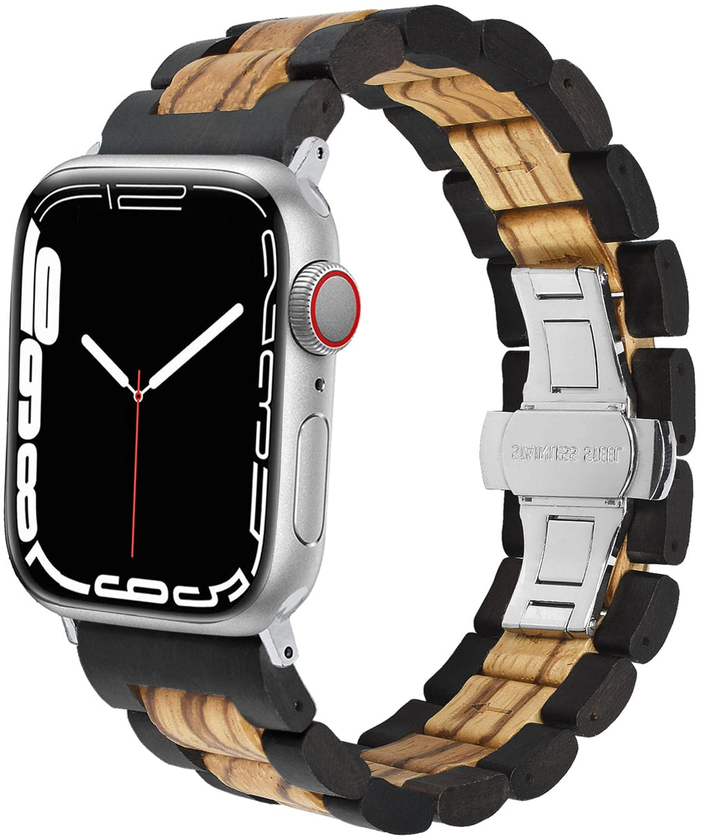 [Australia - AusPower] - Uioolri Natural Wood Watch Band Compatible with Apple Watch，Stainless steel butterfly buckle Environmentally Friendly Hardwood Replace strap For iWatch SE/ series 7/6/5/4/3/2/1 Mens Ebony + zebra wood 38MM/40MM/41MM 