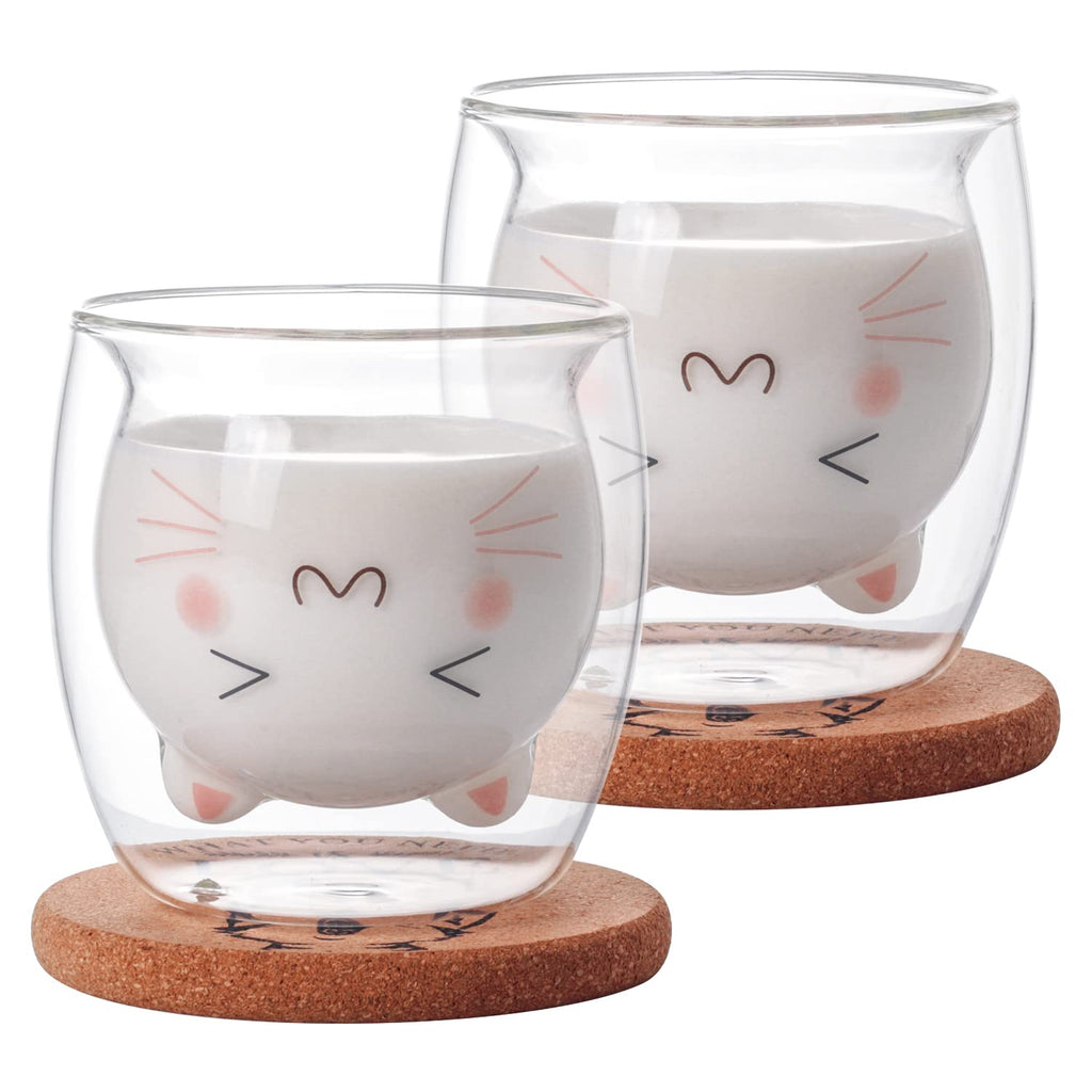 [Australia - AusPower] - Bgbg Cute Cat Coffee Mug Set of 2, Double Wall Glass Tea Cup Milk Glass Cup Clear Insulated Espresso Mug with Coaster Interesting Gift for You(Cat Mug Set) Cat Mug Set 