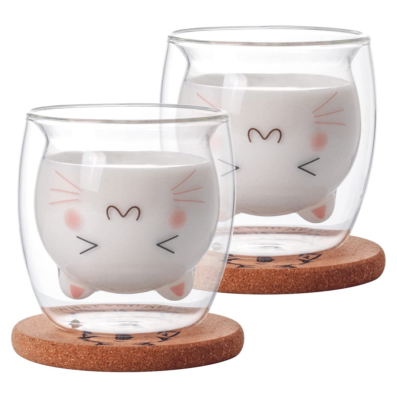 [Australia - AusPower] - Bgbg Cute Cat Coffee Mug Set of 2, Double Wall Glass Tea Cup Milk Glass Cup Clear Insulated Espresso Mug with Coaster Interesting Gift for You(Cat Mug Set) Cat Mug Set 
