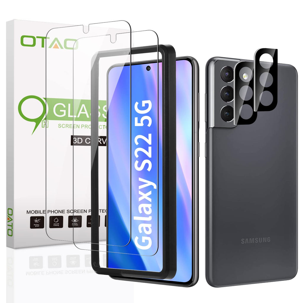 [Australia - AusPower] - (2+2 Pack) OTAO for Samsung Galaxy S22 5G Screen Protector Tempered Glass(6.1")(NOT for S22 Plus or Ultra) + Cameran Lens Protector, Support Fingerprint Scan, Full Coverage, Anti Scratch, Bubble Free 