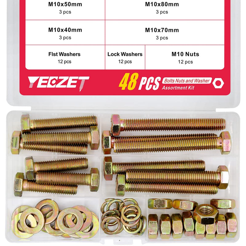 [Australia - AusPower] - YEEZET 48Pcs Grade 8.8 M10 Hex Head Screws Bolts and Nuts Flat & Lock Washers Assortment Kit 40mm 50mm 70mm 80mm M10--12Sets Bolts and Nuts Kit 