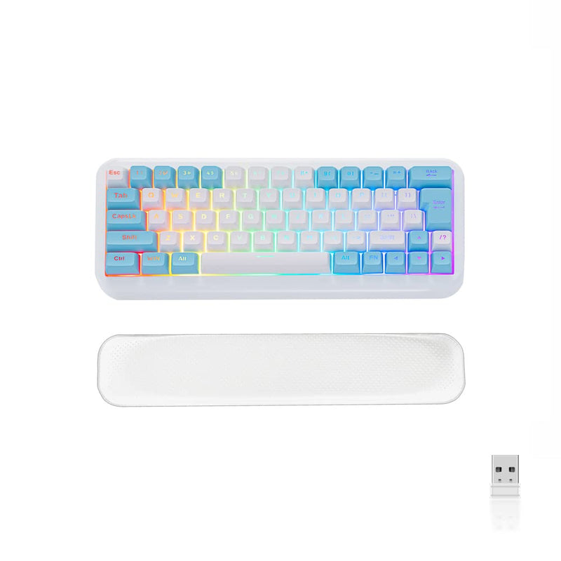 [Australia - AusPower] - 60% 2.4G Wireless Gaming Keyboard with Wrist Rest, 7KEYS Compact 63 Keys Mini RGB Light up Keyboard for PC Mac Laptop, Portable, Rechargeable Suit for Typing and Gaming(White&Blue) White&blue 
