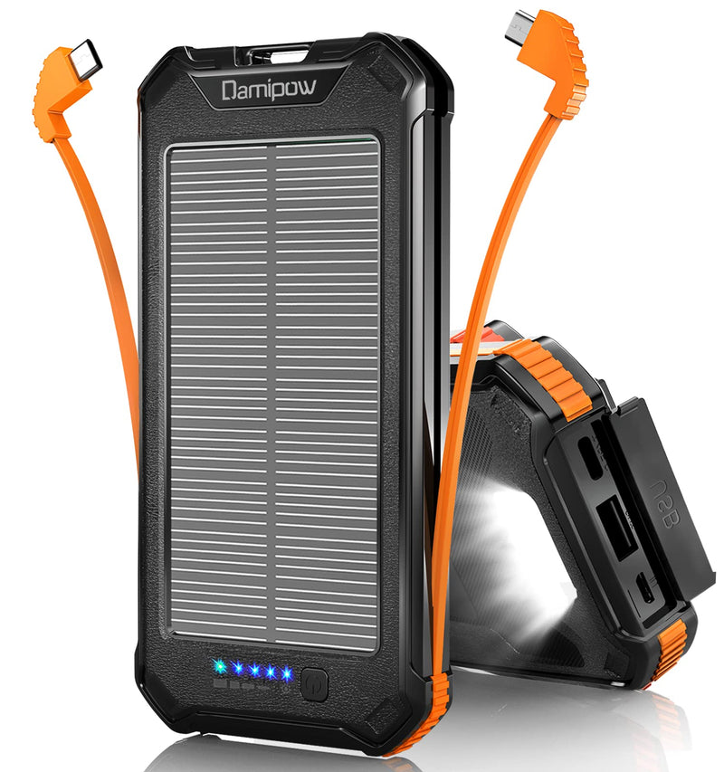 [Australia - AusPower] - Portable Charger Damipow Solar Charger Power Bank 20000mAh with Built-in USB C & Micro B Cables, iOS Adapter, Flashlight, Waterproof External Battery Pack for for iPhone & Android 