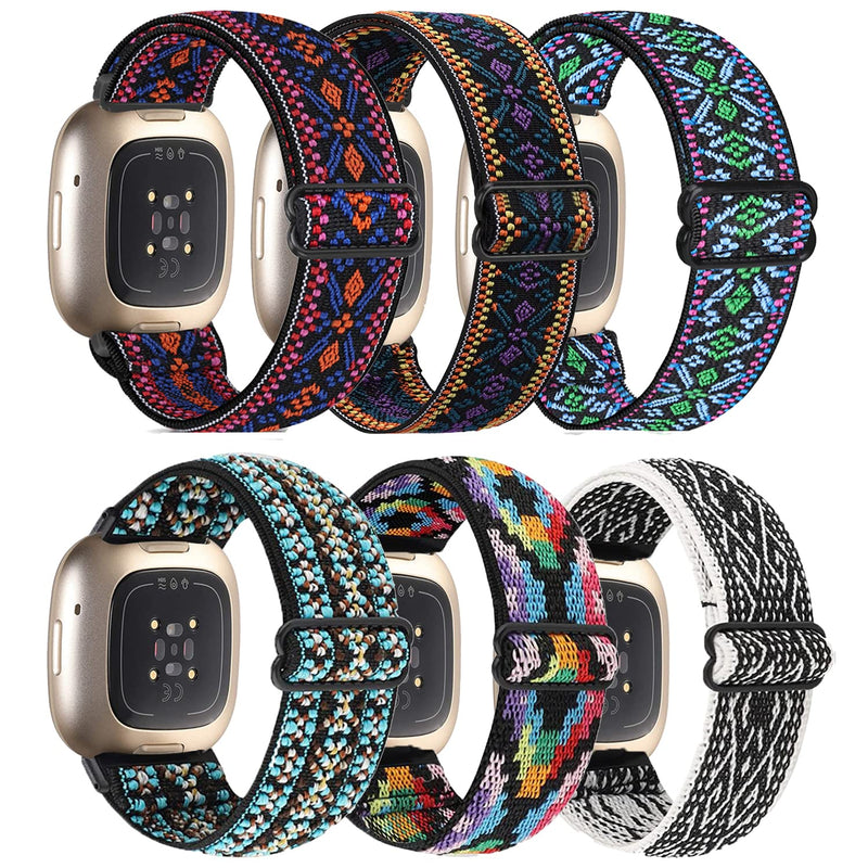 [Australia - AusPower] - 6-Packs Elastic Nylon Bands Compatible with Fitbit Versa 3 / Fitbit Sense, Adjustable Nylon Replacement Straps Wristband for Fitbit Versa Smart Watch for Women and Men 6 pack Boho 