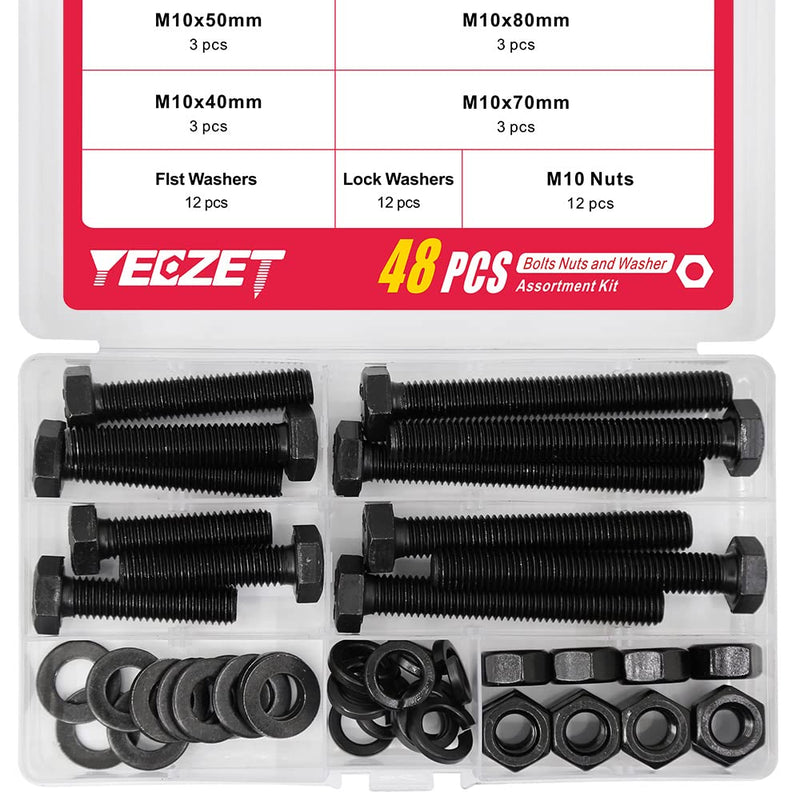 [Australia - AusPower] - YEEZET 12 Set M10 Hex Head Screws Bolts and Nuts Flat & Lock Washers Assortment Kit Alloy Steel Grade 8.8 (40mm 50mm 70mm 80mm) M10--12Sets Bolts and Nuts Kit 