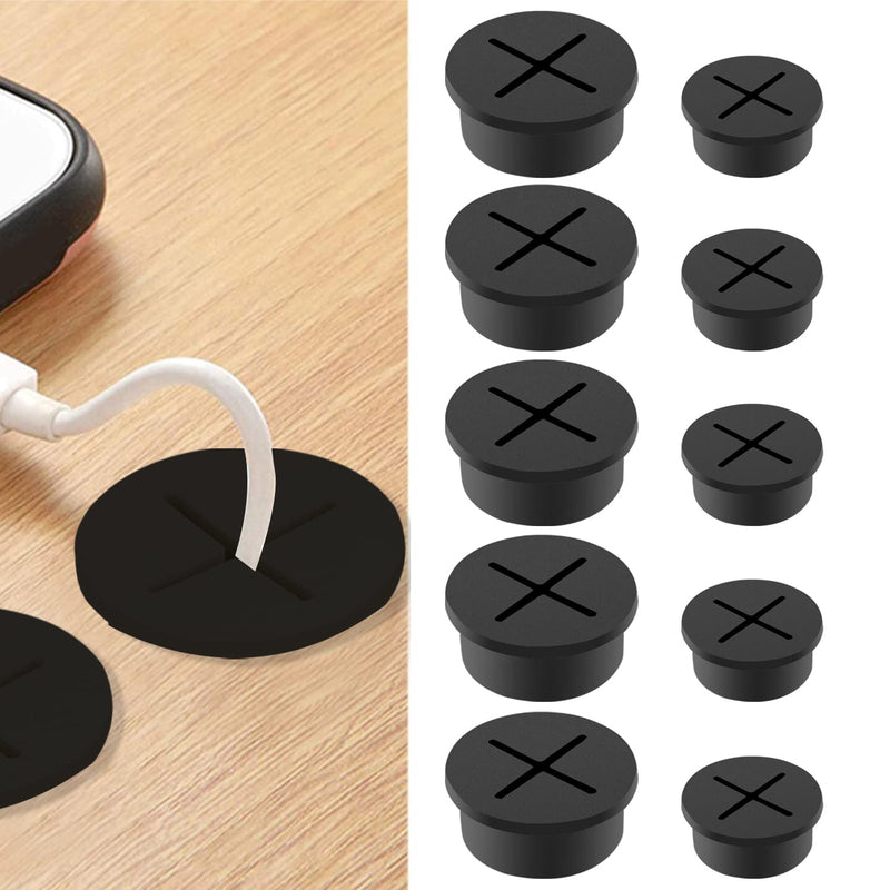 [Australia - AusPower] - 10 Pcs Flexible Desk Grommet, 1 Inch and 3/4 Inch Black Cable Grommet Silicone Cable Hole Cover Wire Hole Cover for Desk, Table, and Other Furniture Computer Table 