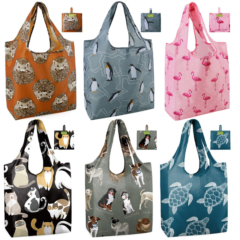 [Australia - AusPower] - BeeGreen 6 Pack Hedgehog Penguin Turtle Cat Dog Ripstop Waterproof Fabric 50 LBS Reusable Grocery Bags with Attached Pouch XLarge Lightweight Shopping Bags with long handles Reusable Shopping Bags Grey, Pink, Black 