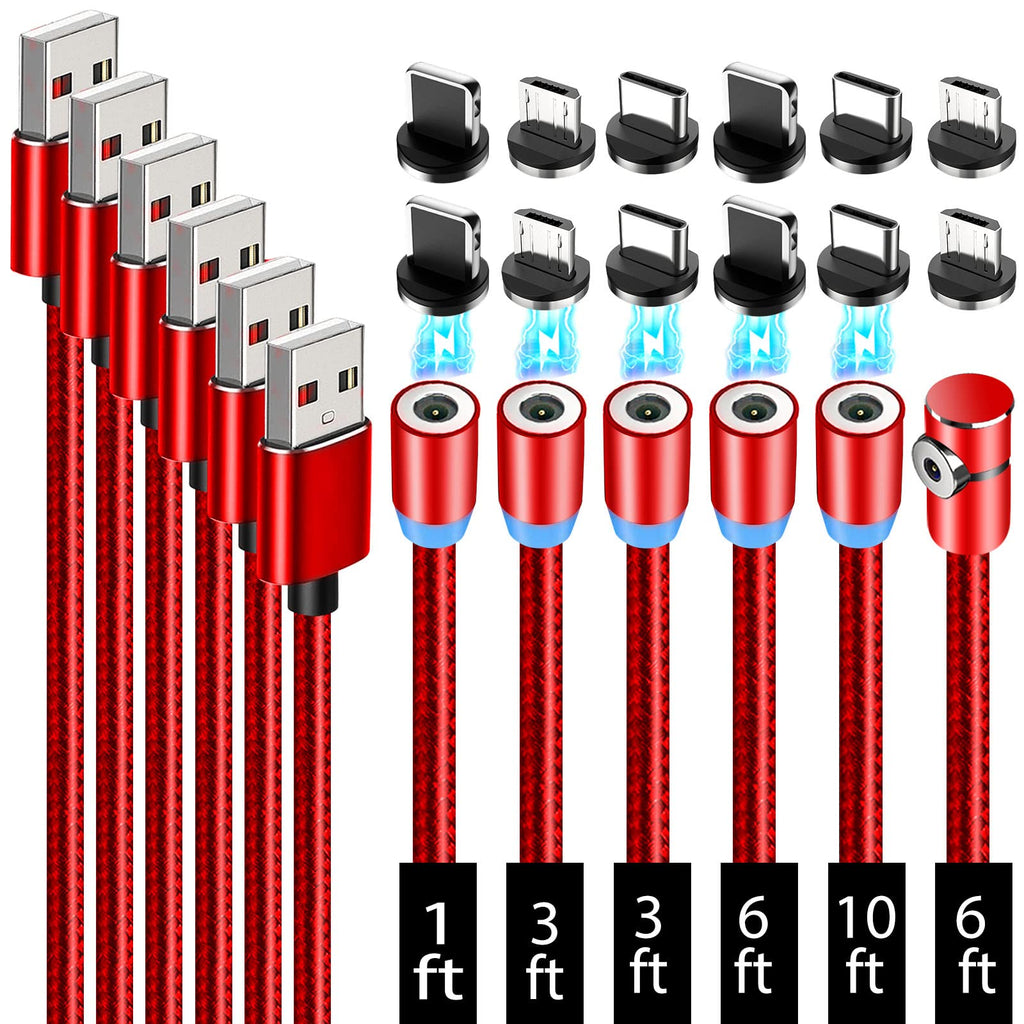 [Australia - AusPower] - Terasako Magnetic Charging Cable 6-Pack, 3 in 1 Nylon Braided Magnetic Phone Charger [1ft/3ft/3ft/6ft/6ft/10ft], Compatible with Micro USB, Type C, iProduct and Most Devices (Red) 