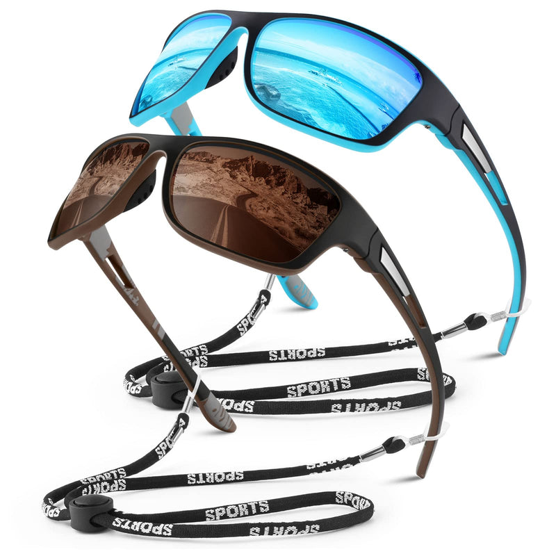 [Australia - AusPower] - Polarized Sports Sunglasses for Men Women,Fishing Driving Rectangular Goggles UV400 Protection Black Blue Frame/Ice Blue Mirrored Lens+black Brown Frame/Brown Lens 
