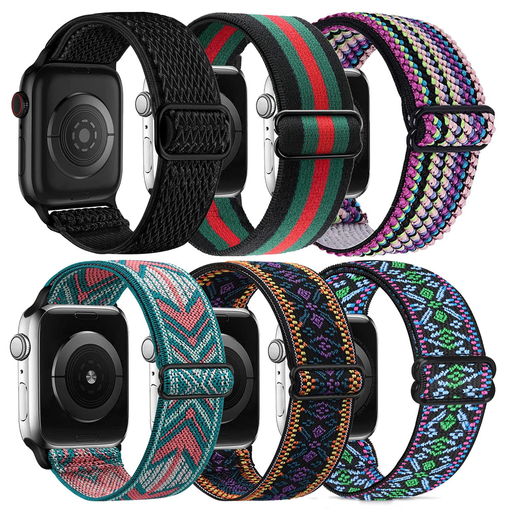 [Australia - AusPower] - Adjustable Elastics Band Compatible with Apple Watch 38mm 40mm 41mm 42mm 44mm 45mm , Sport Solo Loop Stretch Nylon Replacement Wristband for iWatch Series 7 6 5 4 3 SE 42/44/45mm Boho Green/Boho Purple/Green Arrow/Black Green Red/ Boho Colorful) 