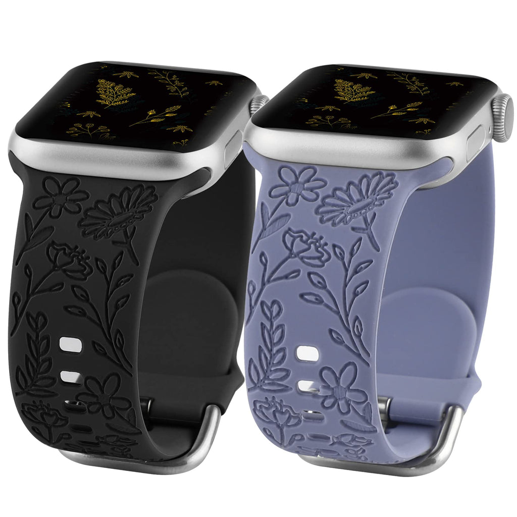 [Australia - AusPower] - 2 Pack Flower Engraved Sport Strap Compatible with Apple Watch Bands 38mm 40mm 41mm, Women Floral Laser Soft Silicone Wristband Replacement iWatch Series 7 6 5 4 3 2 1 SE Black Blue 38/40/41mm 