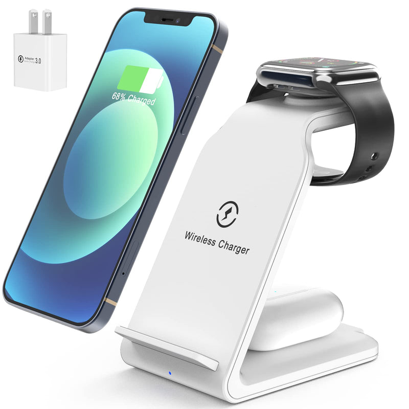 [Australia - AusPower] - Wireless Charging Station,Popveen 3in1 Wireless Charger Stand with Adapter 15W Fast Wireless Charging for Apple iWatch Series SE/6/5/4/3/2/1,for Earphone, Compatible for iPhone 13/12/11 (White) White 