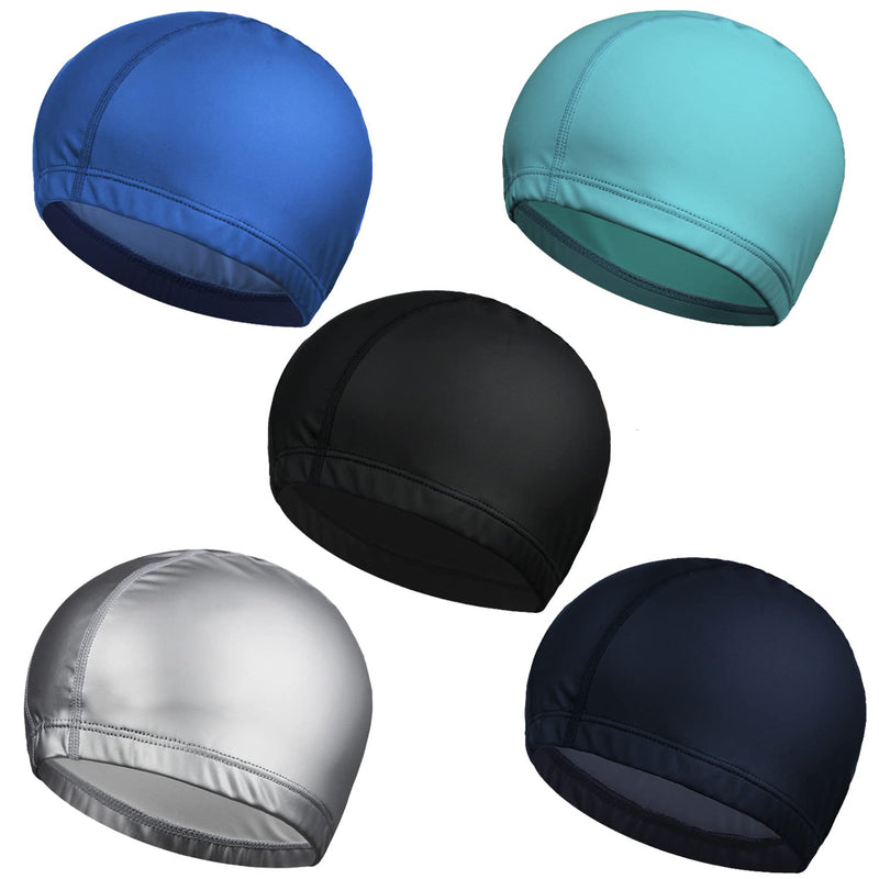 [Australia - AusPower] - ENASGLOO 5-Pack Men Women PU Waterproof Fabric Swimming Cap Elasticity Bathing Cap for Adult 