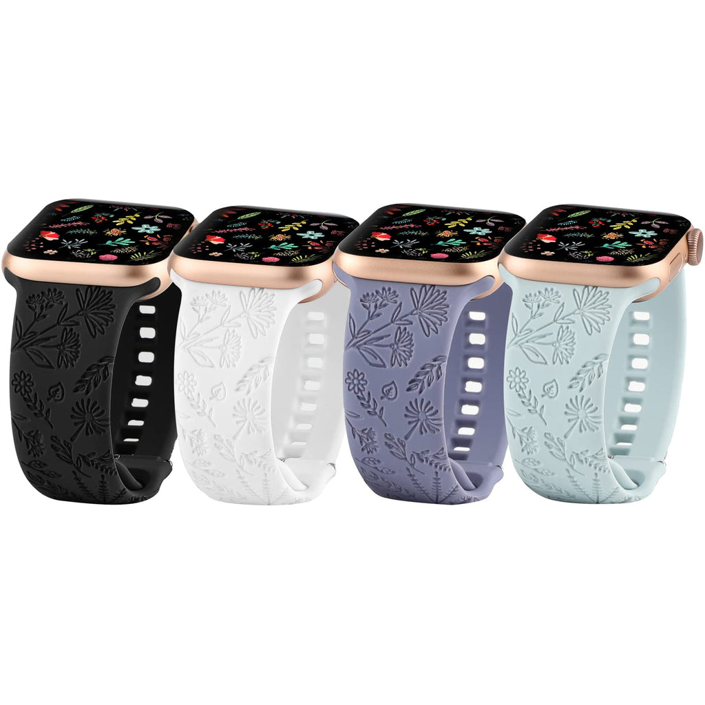 [Australia - AusPower] - 4 Pack Sport Band Compatible with Apple Watch Bands 38mm 40mm 41mm, Floral Engraved Soft Silicone Fancy Cute Flower Fadeless Pattern Replacement Strap for iWatch Series SE 7 6 5 4 3 2 1 Women 42/44/45mm Black Mint Green 