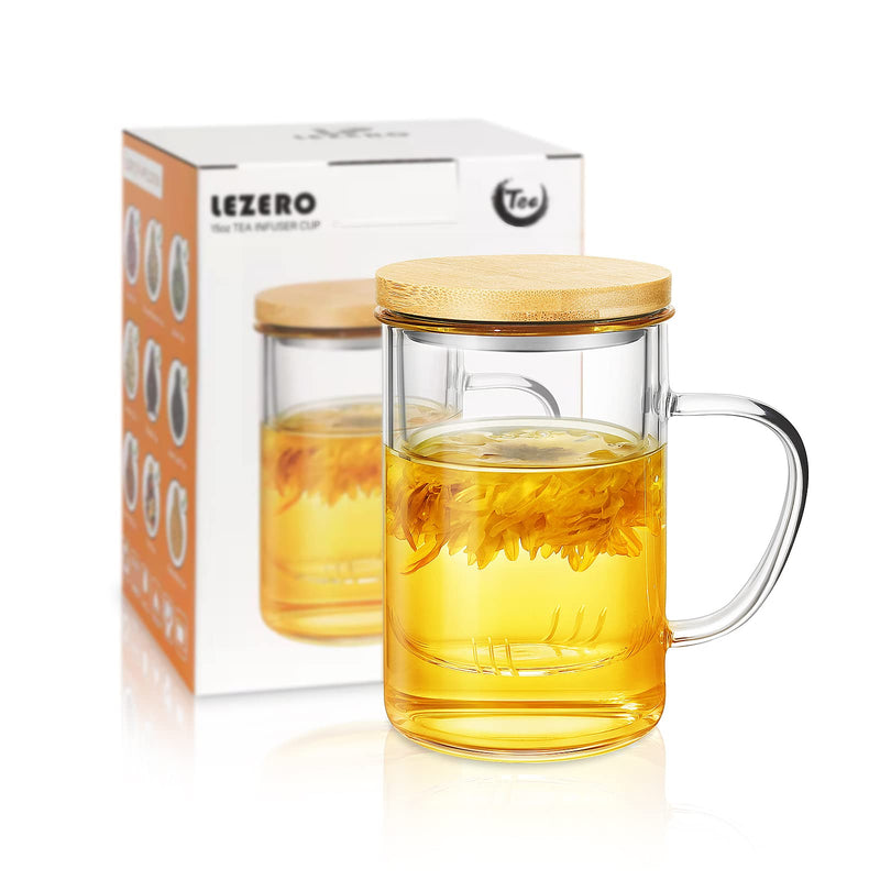 [Australia - AusPower] - Lezero Glass Tea Infuser Cups with Removable Strainer and Bamboo Lid, Borosilicate Glass Tea Mugs for Blooming Tea & Loose Leaf Tea, Microwave & Dishwasher Safe, LEAD-FREE, 15oz/450ml 