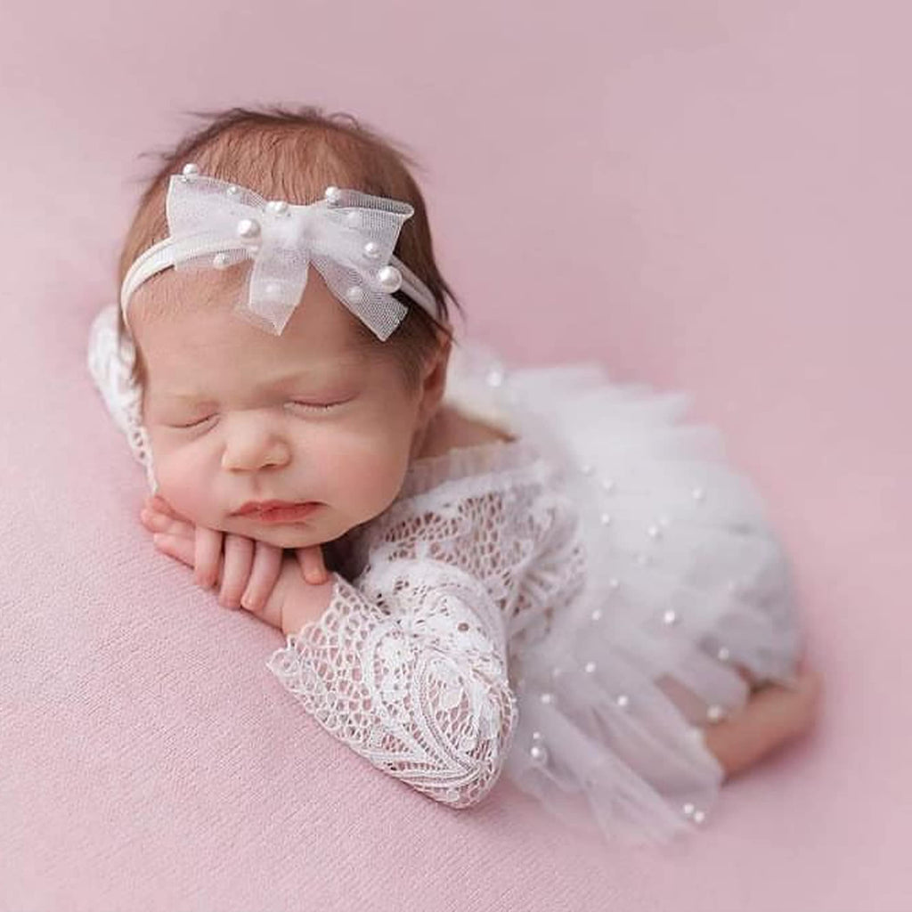 [Australia - AusPower] - M&G House White Lace Newborn Photography Outfits Girl Newborn Photography Props Pearl Lace Rompers Newborn Girl Lace Romper Photoshoot Outfits Easter Gift(Long Sleeve, White) 02 White, Long Sleeve 