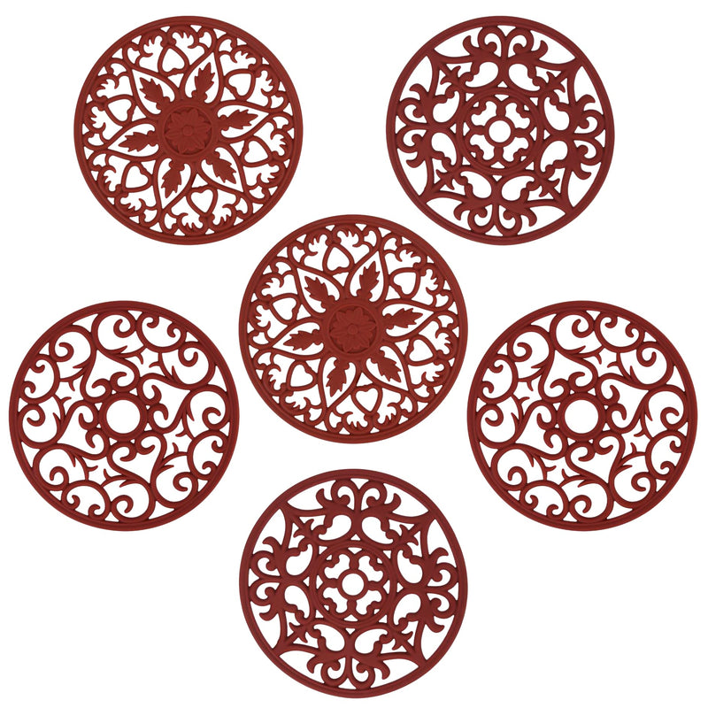 [Australia - AusPower] - Red Silicone Trivets Mats for Hot Pots and Pans, Multi Purpose Trivets Mat -Heat Resistant Silicone Trivet Intricately Carved Hot Pads Set of 6 