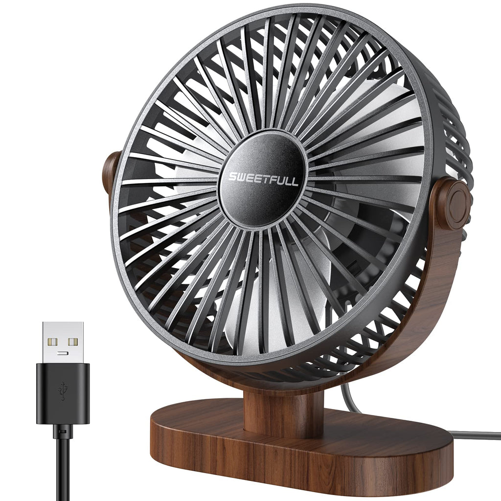 [Australia - AusPower] - SWEETFULL 6.4 Inch USB Small Desk Fan, 3 Speeds Quiet Portable Desktop Table Fan, 360° Adjustment Personal Mini Fan for Home Office Car Outdoor Travel (Black wood grain) Black wood grain 