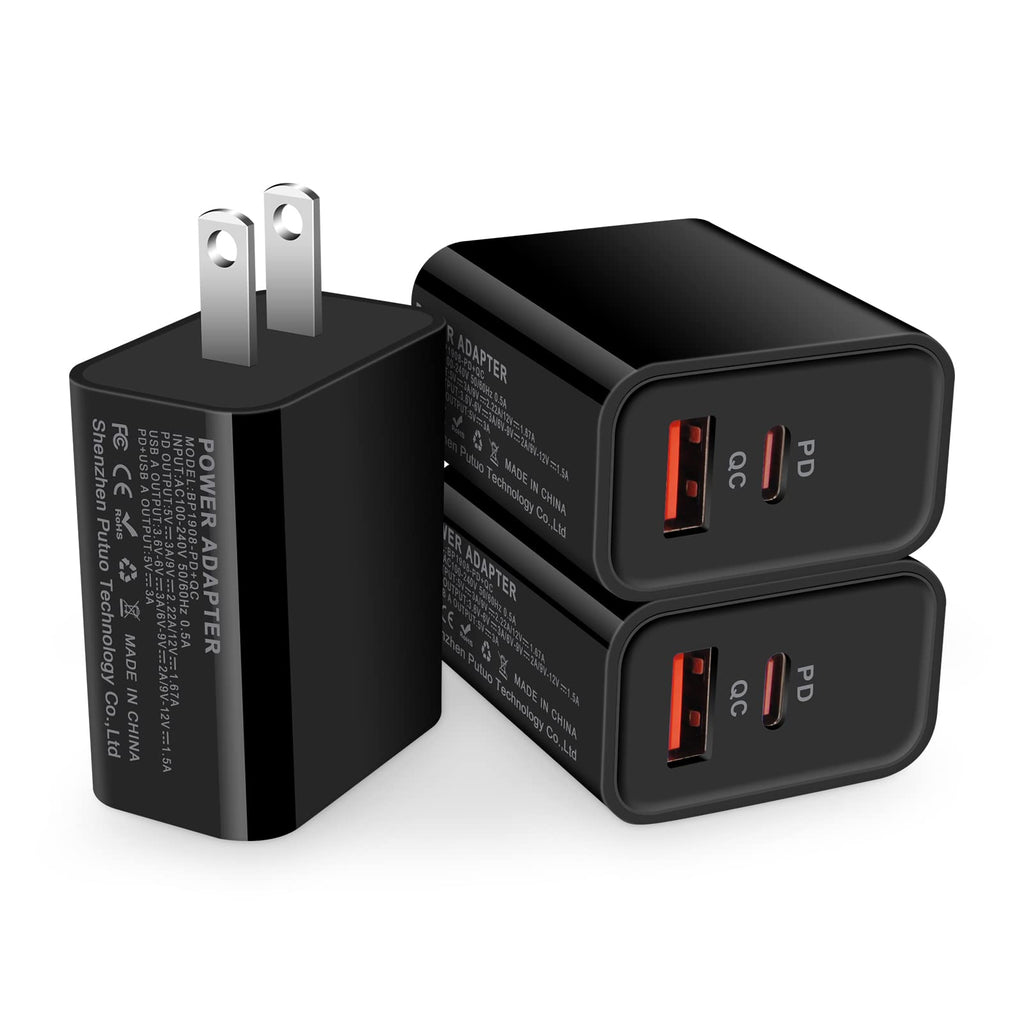 [Australia - AusPower] - USB C Power Adapter [3-Pack] 20W USB C Wall Charger Plug, Dual-Port PD Power Delivery + Quick Charge 3.0 Wall Charger Block Type C Fast Charger for iPhone 12 11 Pro Max Mini SE, Samsung Galaxy, Pixel Black 
