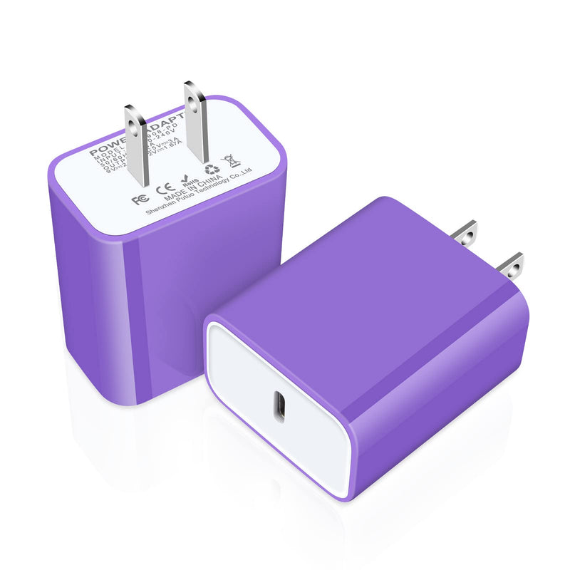 [Australia - AusPower] - 20W Type C PD Fast Charger Block Brick Box,2Pack USB C Wall Charger for iPhone 13 Pro Max/Mini,12,XR,SE,11;Samsung Galaxy S22,S21FE 5G,A13,A53 5G,Z Flip 3,A52,S20FE,A42 5G,A03S;Google Pixel 6 Pro,5,4A 2pack- Purple 