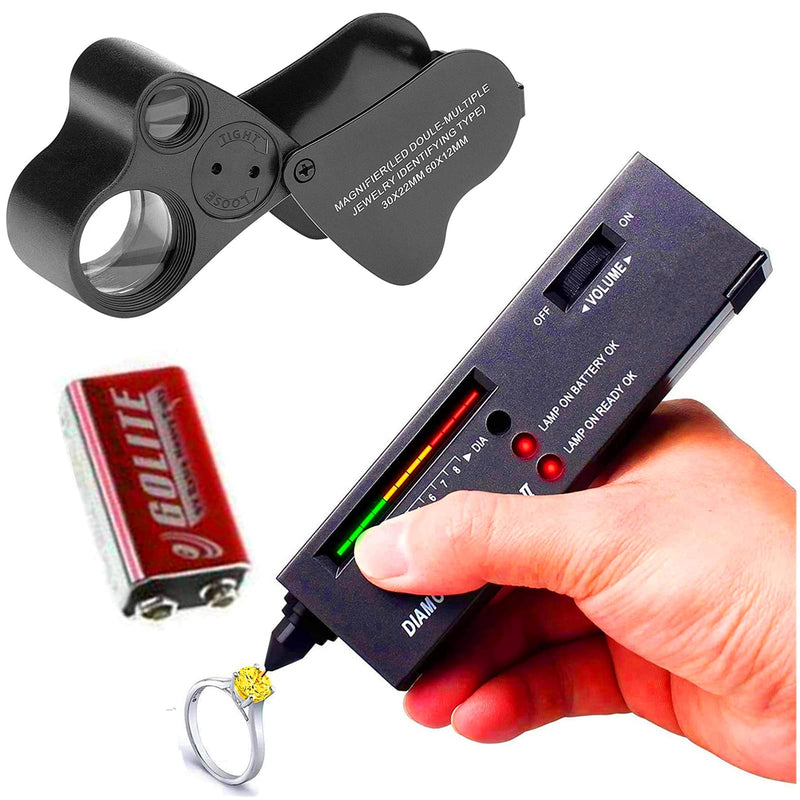 [Australia - AusPower] - Hqdz High Accuracy Diamond Tester Jewelry Detector Gem Pen 30X 60X Illuminated Eye Loupe Mini Led Foldable Magnifying Distinguish Tool (Black Tester, Black Loupe) H-ad-7 