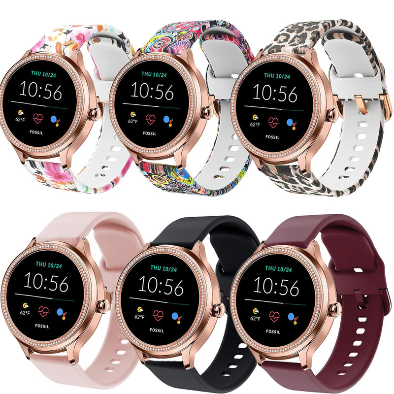 [Australia - AusPower] - ViCRiOR Bands Compatible with Fossil Women's Gen 5E 42mm / Gen 6 42mm Smart Watch, 6PCS 18mm Soft Silicone Fadeless Pattern Printed Floral Replacement Band for Fossil Venture Gen 4 HR/Gen 3 6 Pack 