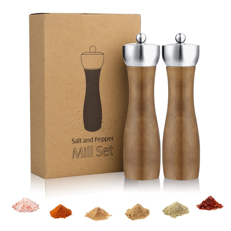 [Australia - AusPower] - Wooden Salt Pepper Grinder Set - Wood Refillable & Adjustable Mill Large Tall Peppermill Tray Modern Manual Peppercorn Coarse Shaker with Ceramic Mechanism Crusher Professional Rustic 