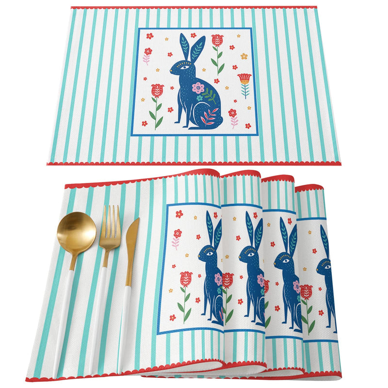 [Australia - AusPower] - Happy Easter Day Placemats - Set of 6, Easter Bunny Table Mats for Easter Decorations, Easter Floral Rabbits Placemats for Spring Party / Kitchen Dining Table (Blue Aqua Striped, Spring Flowers ) 6 Pieces 