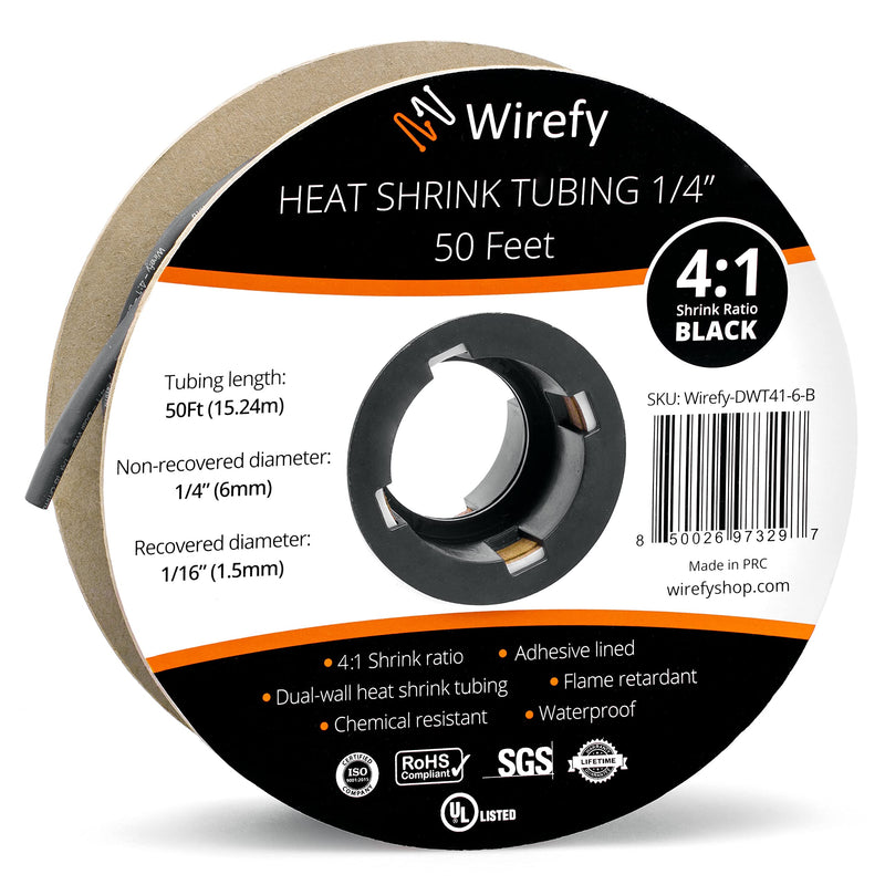[Australia - AusPower] - Wirefy 1/4" Heat Shrink Tubing - 4:1 Ratio - Adhesive Lined - Marine Grade Heat Shrink - 50 Feet Roll - Black 1/4" - 50 Feet 
