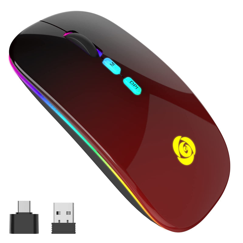 [Australia - AusPower] - LED Wireless Mouse Bluetooth &2.4GHz Instant Connection,Rechargeable Ultra Silent Slim,3 Adjustable DPI 2 Connection Modes with USB-C to USB Adapter for Laptop/MacBook/PC/Tablet/iPad (Black-red) Black-red 