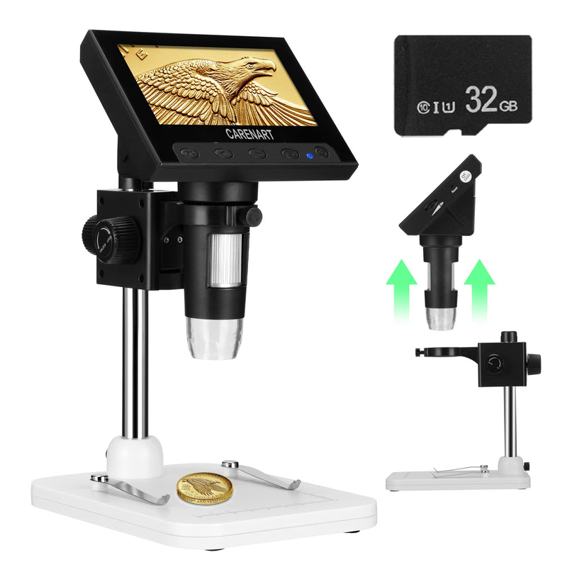 [Australia - AusPower] - 4.3 Inch Digital Microscope, Carenart Coin Microscope with 32GB TF Card 50X-1000X Magnification with 8 Adjustable LED Lights for Adults Kids Outside and Home Use 