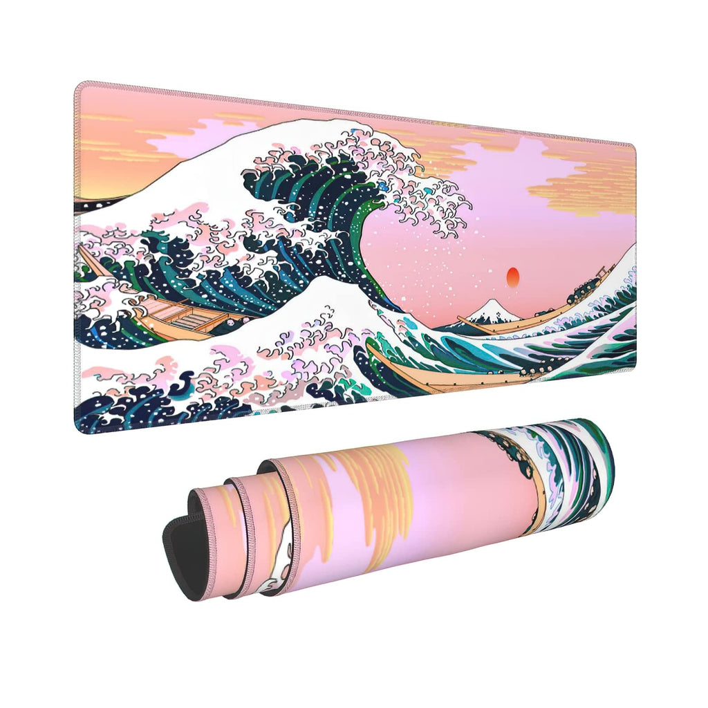 [Australia - AusPower] - Pink Mouse Pad Cute Japanese Wave Gaming Mousepad XL Anime Sunset Extended Large Desk Cover Big Table Mat Non-Slip Rubber Base Stitched Edge Long Keyboard Playmat for Laptop Gamer Office,31.5×11.8 in X-Large 