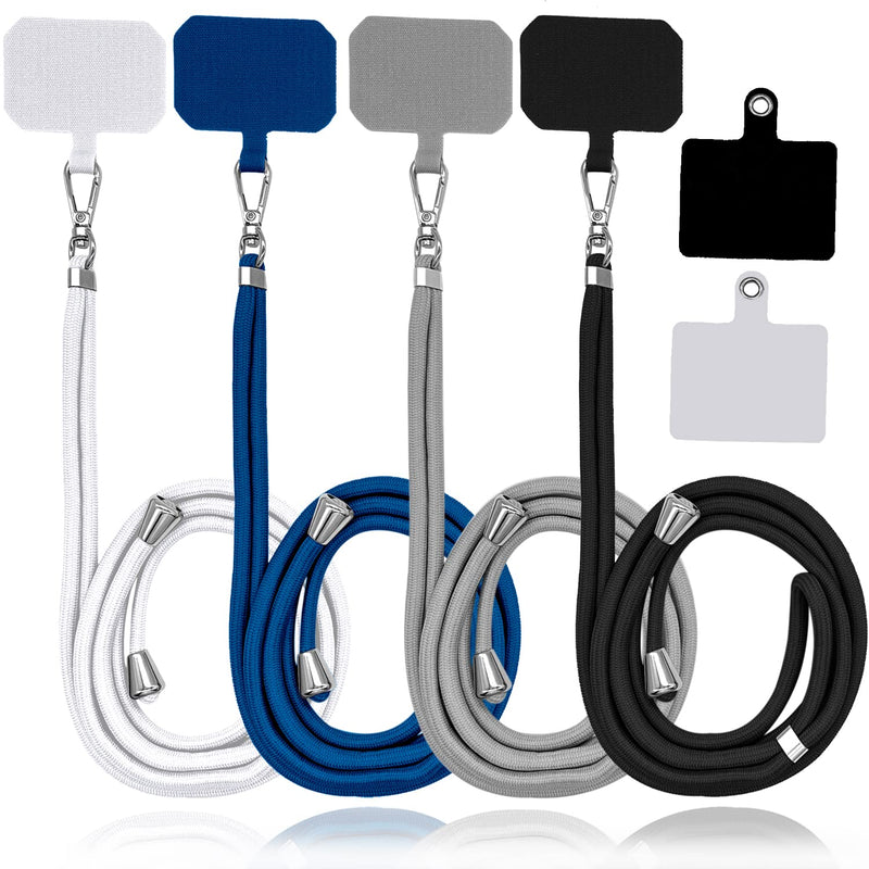 [Australia - AusPower] - 4 Pack Universal Nylon Neck Crossbody Cell Phone Lanyards + 6 Pieces Replacement Sticker Patches Tab, Adjustable Detachable Strap Safety Tether and Pads for Most Smartphone, Black/White/Grey/Blue 