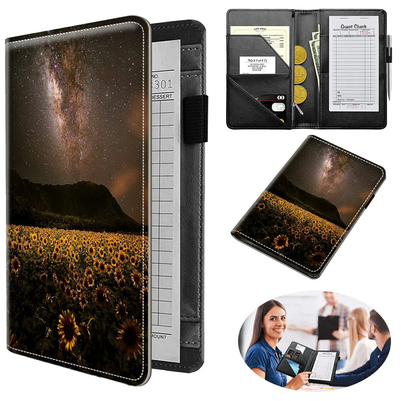 [Australia - AusPower] - Server Books for Waitress, Dikoer PU Leather Server Books for Waitress with Zipper and 7 Large Pockets Pen Holder for Checks Pen Holder Personal Organizer Wallet Fit Serving Aprons, Galaxy Sunflower 158 