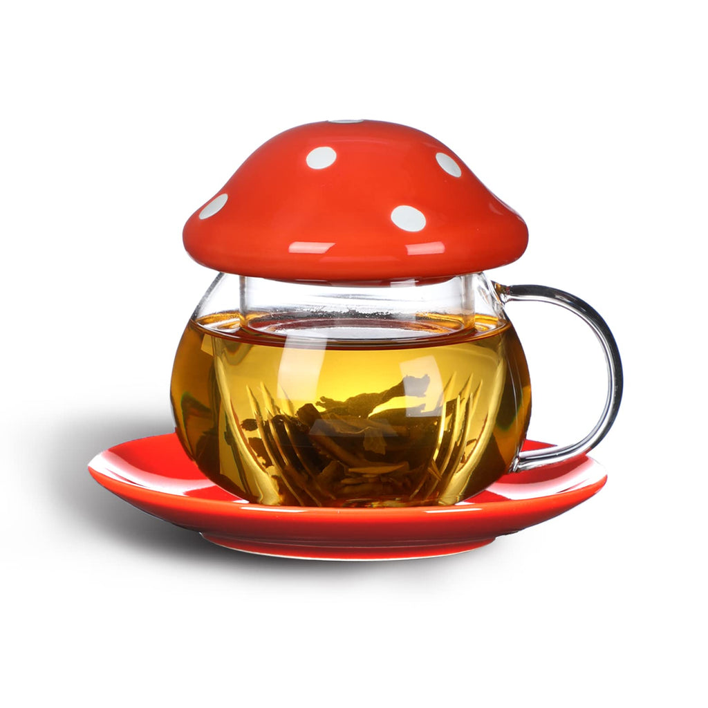 [Australia - AusPower] - Mushroom Cup Cute Glass Tea Cup with Infuser and Lid Kawaii Mushroom Mug Set Coffee Teapot with Ceramic Coasters 11oz (Orange) Orange 